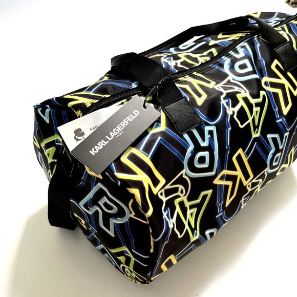 NWT Karl Lagerfeld Neon Logo Duffle Gym Bag Weekender 19" Black Travel Tote $150 - Picture 3 of 7
